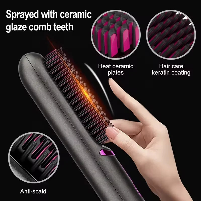 Cordless Mini Hair Straightening Brush – Portable Ionic Hot Comb for Women