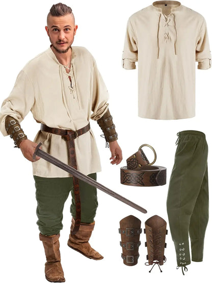 Jiuguva 4-Pcs Halloween Men's Renaissance Costume Set – Medieval Pirate Shirt, Ankle Banded Pants & Viking Belt Accessories