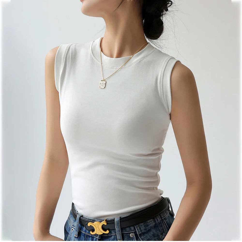 Women’s Cotton Camisole Vest – Colorful Round Neck Basic Sleeveless Undershirt with Side Cleavage Coverage C4878