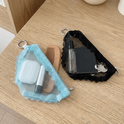 Fashion Mesh Cosmetic Bag - Clear Lace Trim Makeup Pouch with Zipper for Jewelry, Headphones & Accessories