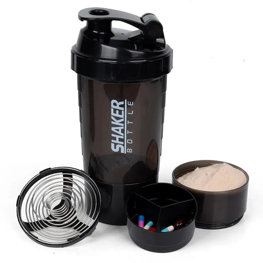 3-Layer Shaker Protein Bottle: Powder Shake Cup for Body Building, Exercise, and Hydration - Plastic Mixing Cup