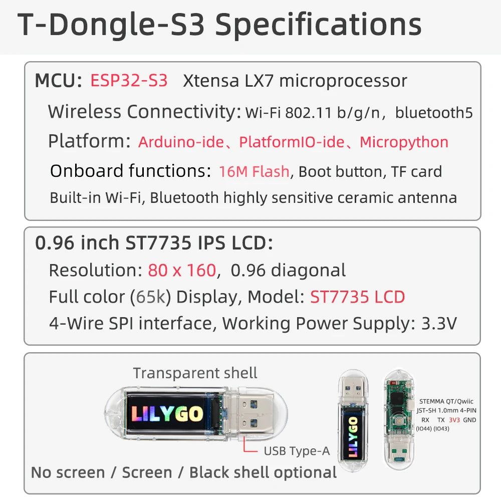 LILYGO® T-Dongle-S3 ESP32-S3 Development Board – 0.96" ST7735 LCD Display with WiFi, Bluetooth & TF Card Support