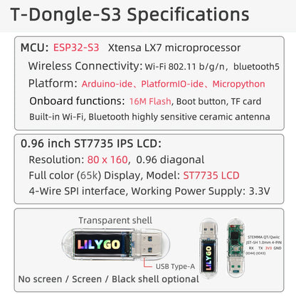 LILYGO® T-Dongle-S3 ESP32-S3 Development Board – 0.96" ST7735 LCD Display with WiFi, Bluetooth & TF Card Support