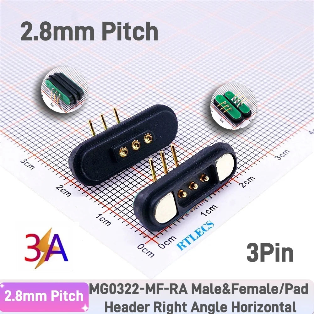 3A Magnetic Pogo Pin Connector - 2–11 Pin Spring-Loaded Male/Female Contact Strip, 2.2mm Pitch