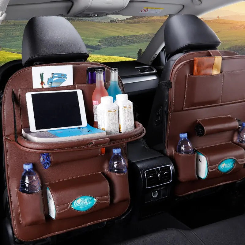 Car Seat Back Organizer with Foldable Table Tray – PU Leather Storage with Pockets, Kick Mats & Interior Accessories