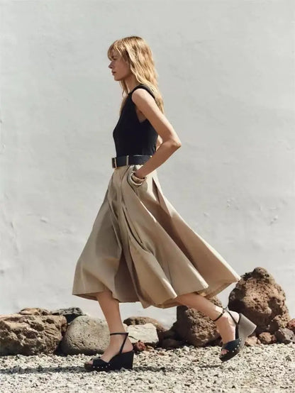 2025 Women’s Summer Dress Set – Sleeveless Panelled Long Skirt with Belt, Elegant Casual Party & Everyday Dress