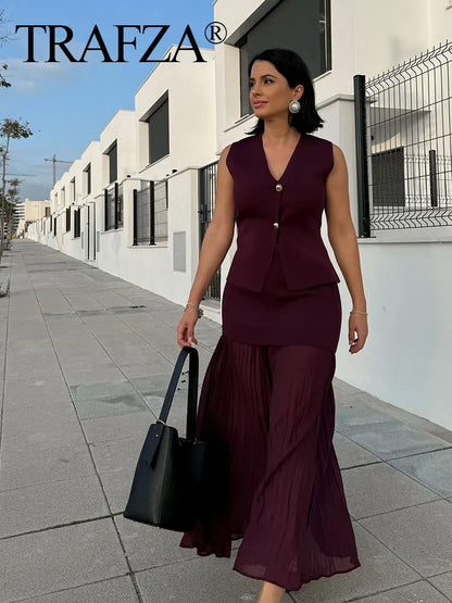 TRAFZA 2025 Women’s Wine Red Skirt Set – Knitted V-Neck Vest with High Waist Zipper Patchwork Long Skirt