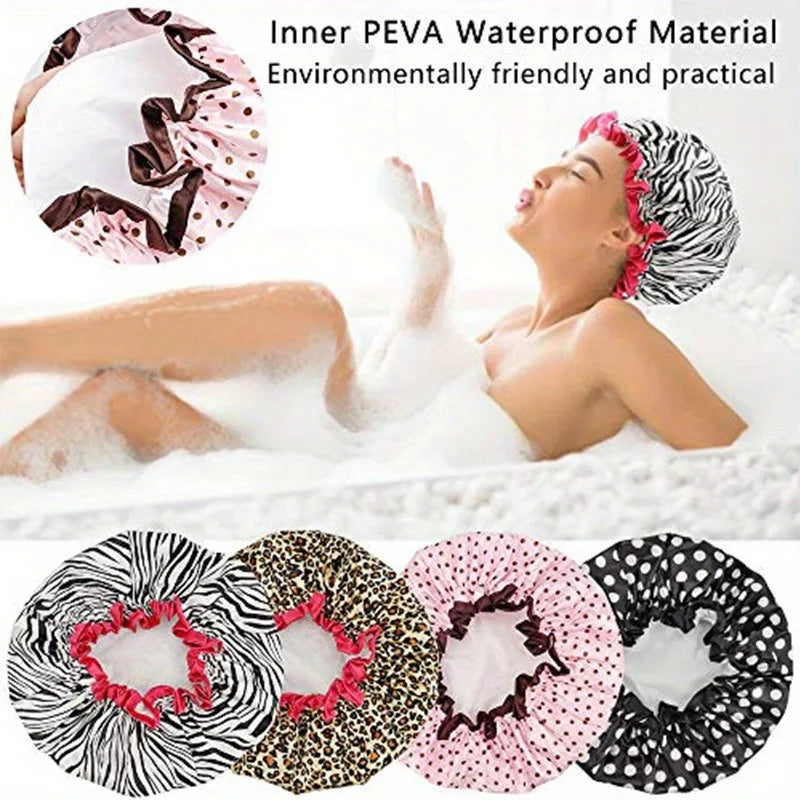 Waterproof Leopard Shower Cap - Double Layer Reusable Hair Cover with Elastic Fit