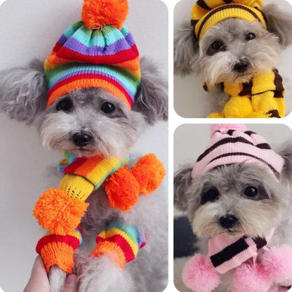 Winter Knitted Pet Accessories Set – Striped Hat, Scarf & Socks for Small Dogs, Puppies & Cats