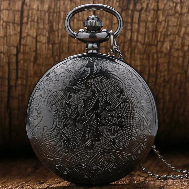 Vintage Black Roman Numeral Pocket Watch - Unisex Steampunk Quartz Necklace Pendant with Chain, Gift Style P427