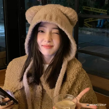 Cute Girl Knit Bear Earmuff Hat – Women’s Woolen Crochet Beanie Bonnet Winter Warm Headwear