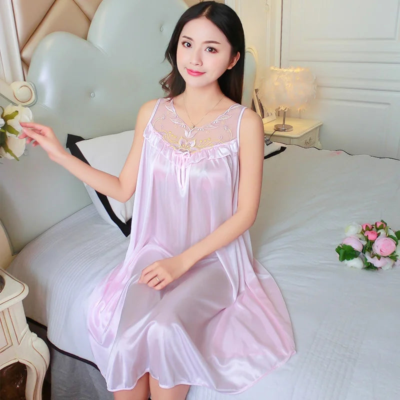 Midnite Star Women’s Ice Silk Sleepwear Set – V-Neck Lace Nightdress Pyjamas, Homewear Nightgown, Plus Size