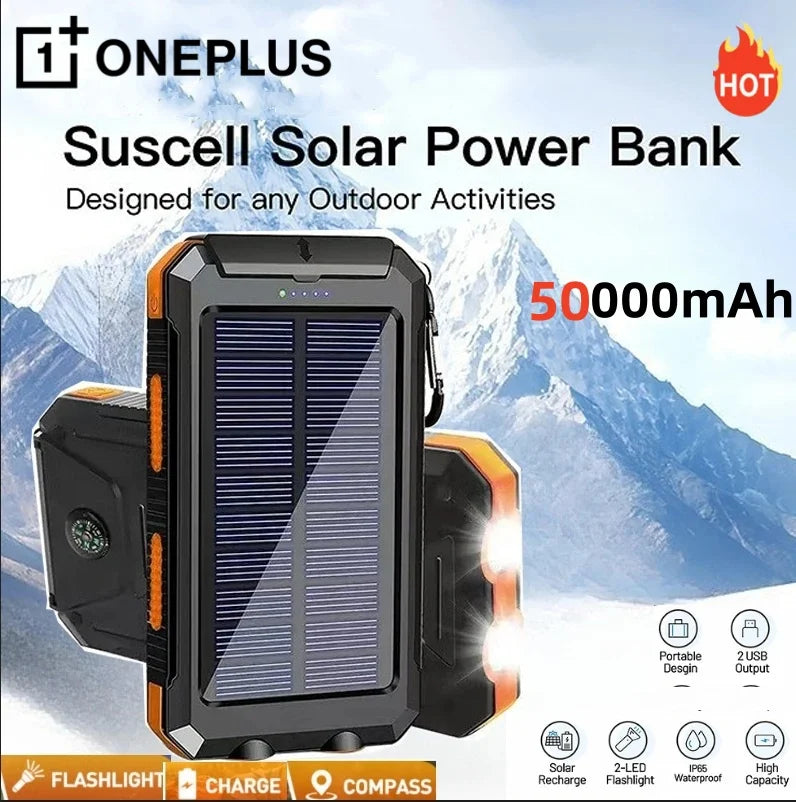 ONEPLUS 50000mAh Solar Power Bank – Portable External Battery Charger with LED Light for iPhone & Samsung