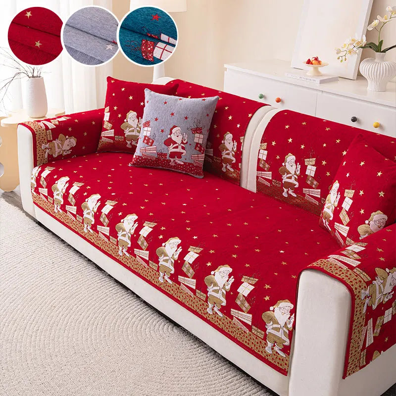 Santa Claus Chenille Sofa Mat – Red Non-Slip Universal Christmas Cover for All Seasons