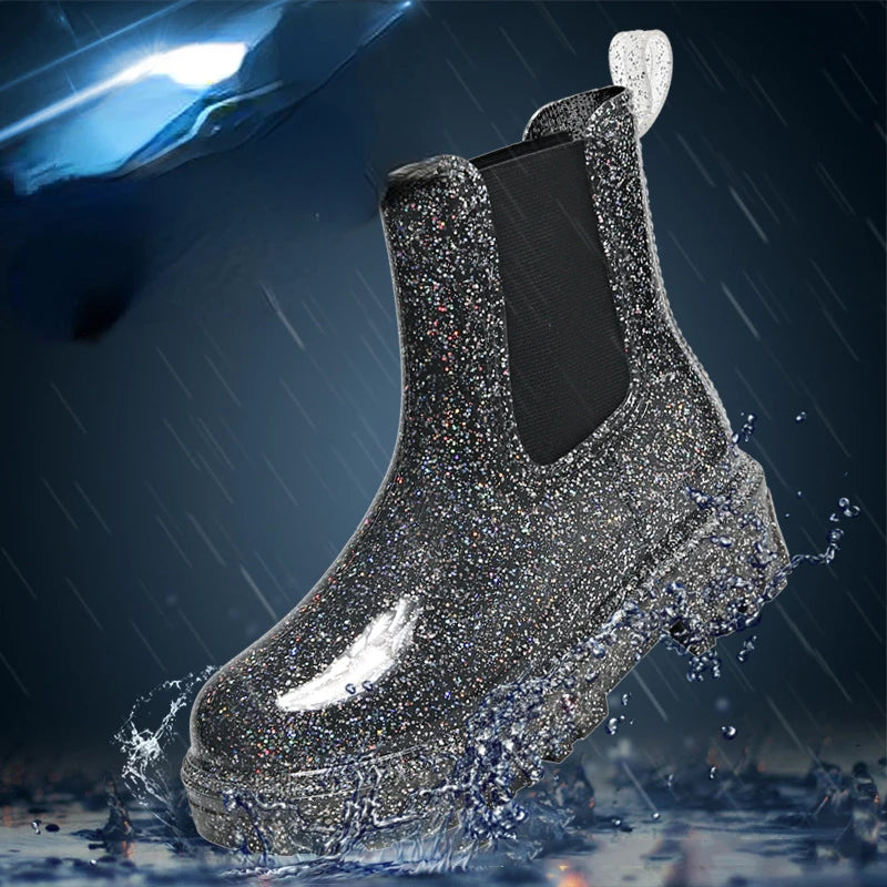 Women’s Shiny Color Fashion Rain Boots – Four-Season Waterproof Mid-Tube Ankle Outdoor Shoes