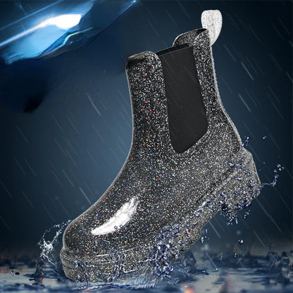 Women’s Shiny Color Fashion Rain Boots – Four-Season Waterproof Mid-Tube Ankle Outdoor Shoes