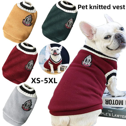 Knitted Dog Sweater for Small to Medium Breeds - Winter Warm Padded V-Neck School Uniform Coat for Chihuahuas and French Bulldogs