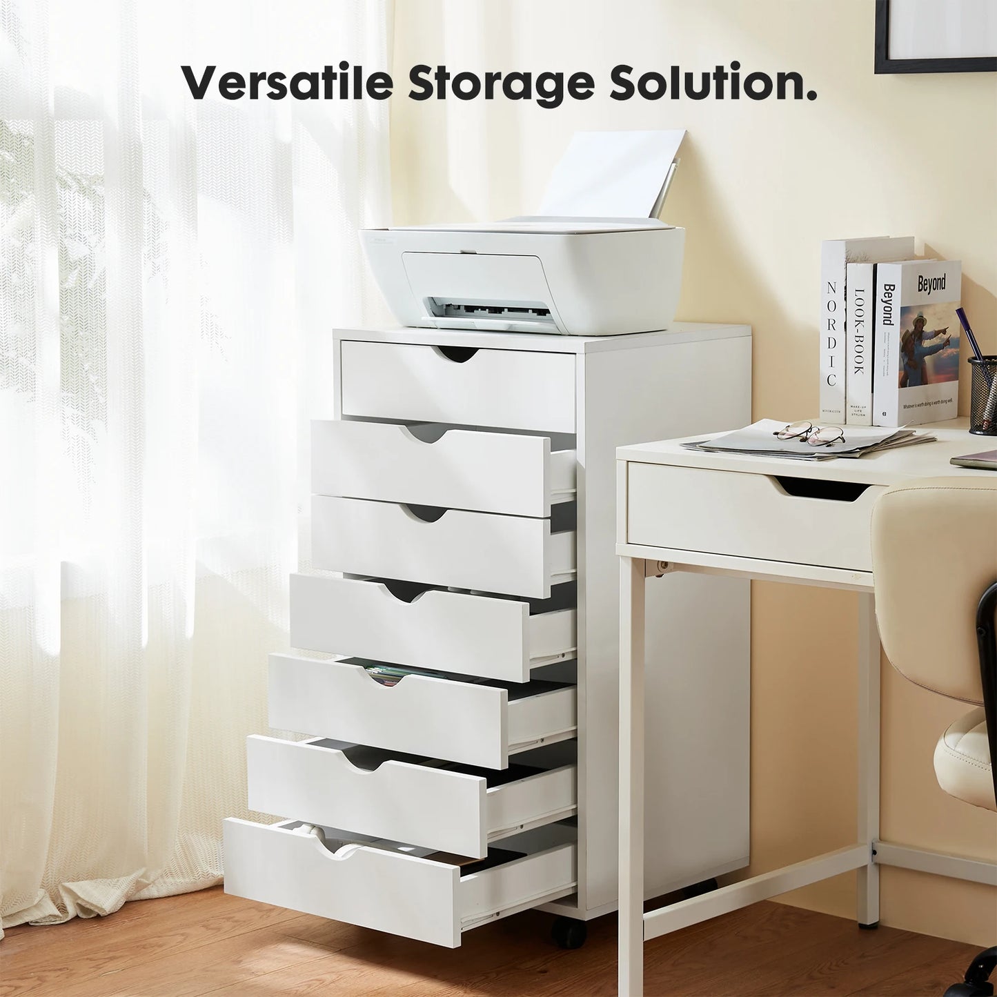 7-Drawer Wooden Chest – Mobile Storage Cabinet with Wheels, Nightstand & Office Organizer for Living Room