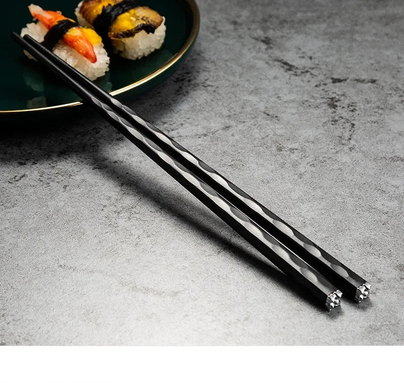 5 Pairs Japanese Reusable Chopsticks – Black Sushi Sticks for Food, Noodles, Alloy Chinese & Korean Kitchen Tableware