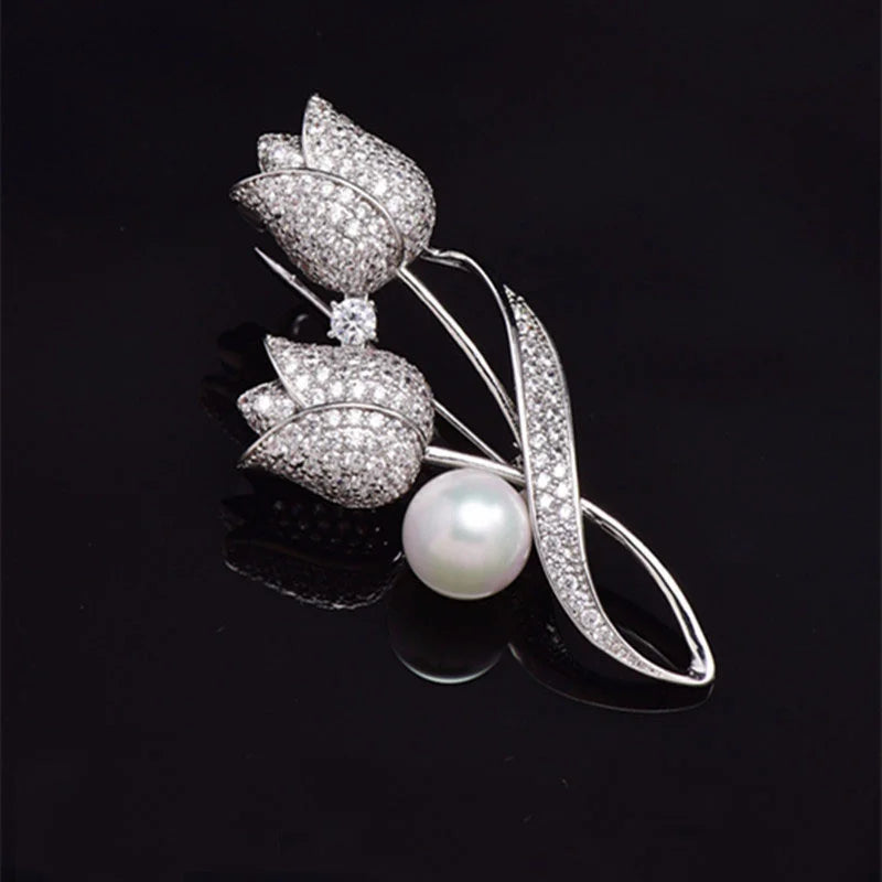 Luxury Tulip Flower Brooch Pin with White Stone – Elegant Rose Floral Jewelry for Women (2023 Design)