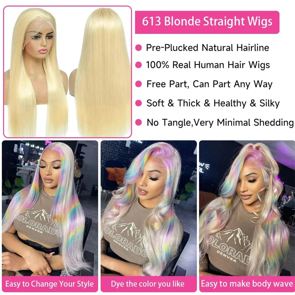 40-42 Inch 613 Blonde HD Lace Front Wig – 13x6 Straight Human Hair, 250% Density Brazilian Wig for Women