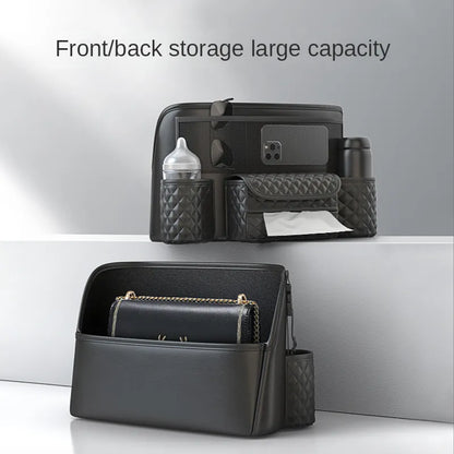 Premium Leather Car Seat Organizer: Luxury Middle Hanger Storage Bag for Auto Handbag, Tissue, Water Cup & More - Seat Gap Storage Solution