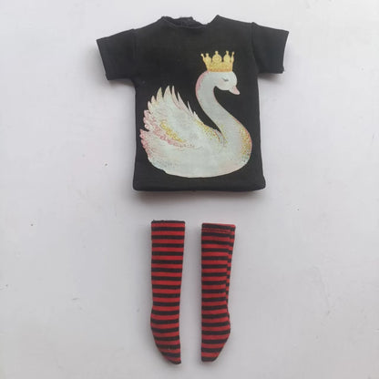 Handmade OB24 1/6 Blyth Doll Clothes – Cartoon T-Shirt with Striped Socks for 1/6 Doll Accessories