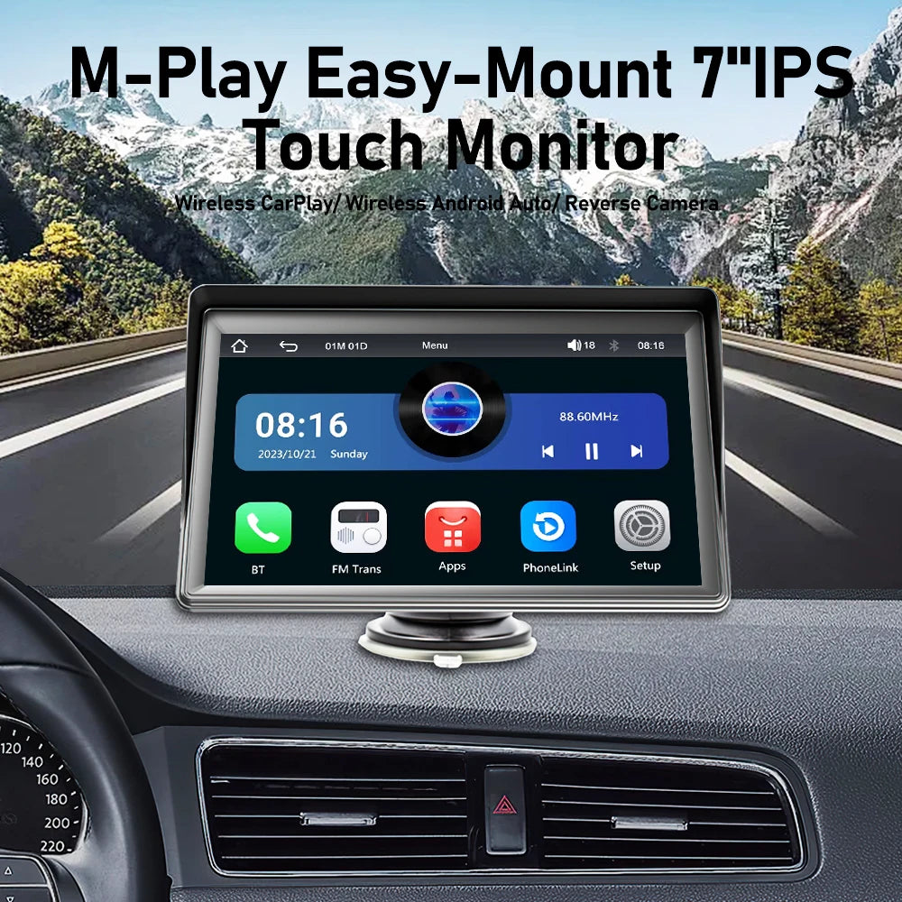 7 Inch IPS Portable Car Radio – WIFI Wireless CarPlay & Android Auto, Multimedia Video Player with Reversing Camera for Apple/Android