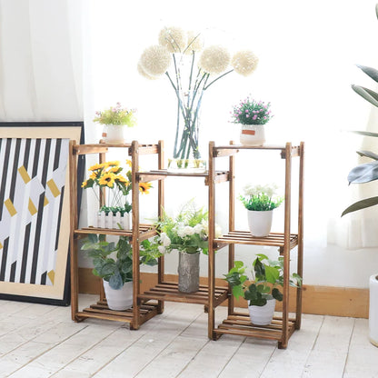 10-Pot Multi-Tier Bamboo Plant Stand – Indoor Outdoor Bonsai & Flower Display Shelf Rack