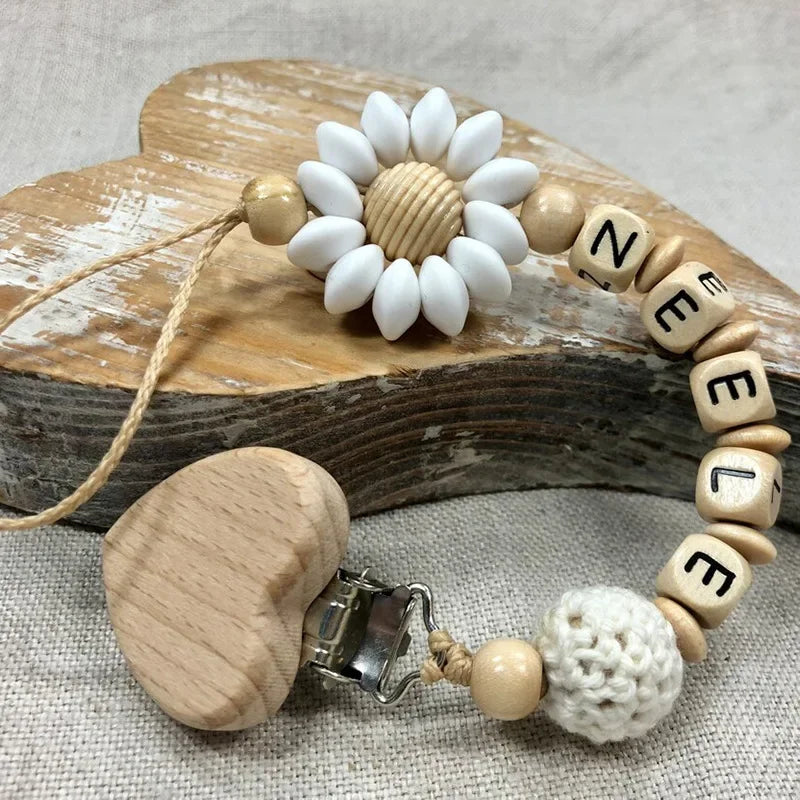 DIY Custom Name Silicone Beads & Wooden Ring Pacifier Clip – Safe Baby Teether, Eco-Friendly Dummy Chain Gift