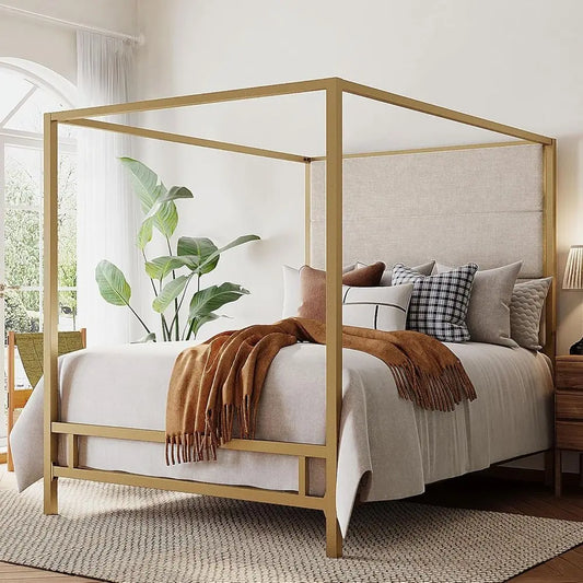 Modern King Size Canopy Bed Frame - Tall Linen Upholstered Headboard Metal 4-Poster Bed with Gold & Tan Design
