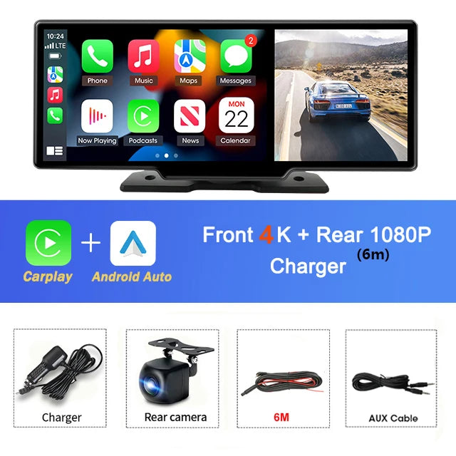 10.26'' 4K Car DVR Dashcam with CarPlay, Android Auto, Dual Lens Front 4K + Rear 1080P, Voice Control, GPS, BT, FM