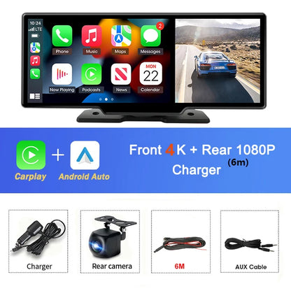 10.26'' 4K Car DVR Dashcam with CarPlay, Android Auto, Dual Lens Front 4K + Rear 1080P, Voice Control, GPS, BT, FM