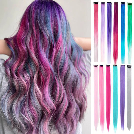 6pcs Colored Party Highlights Clip-in Hair Extensions – 22" Multi-Color Straight Synthetic Hairpieces for Girls