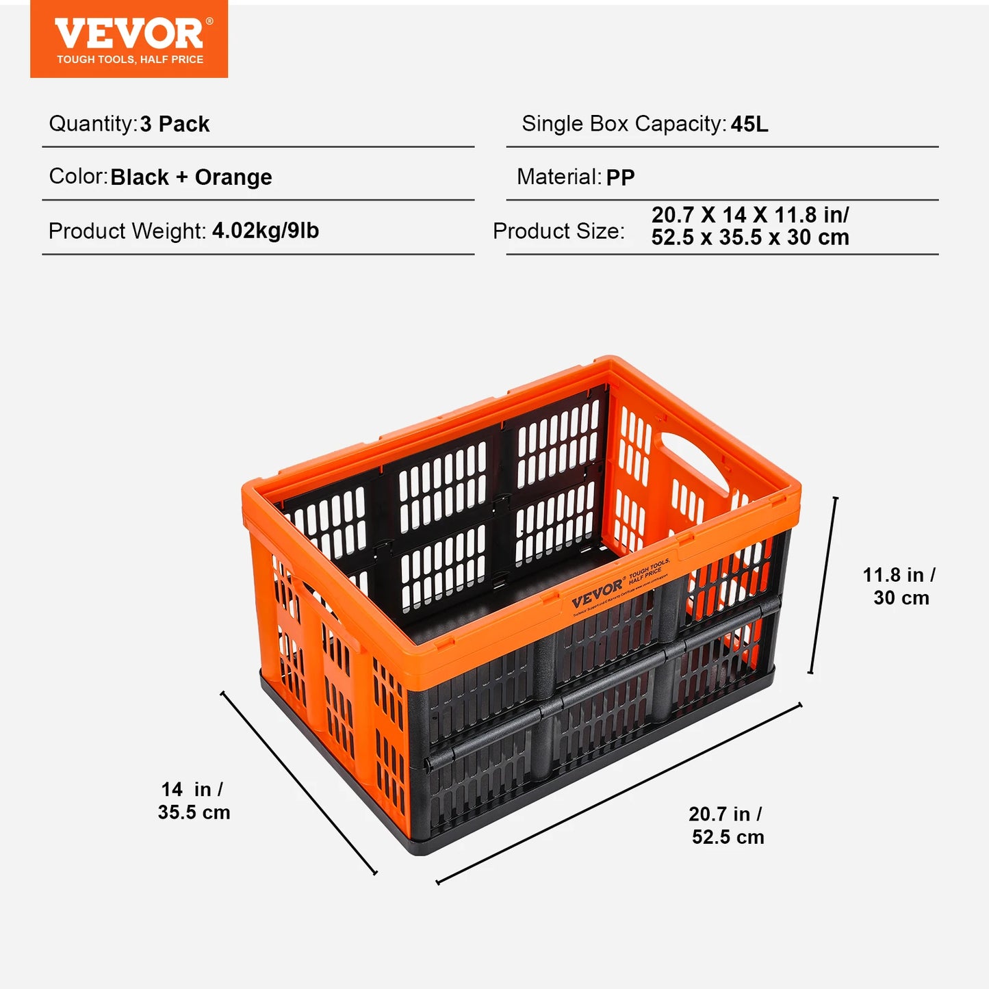 VEVOR 45L Collapsible Storage Baskets – 3-Pack Plastic Folding Bins with Handles for Clothes, Toys & Grocery, Stackable Containers