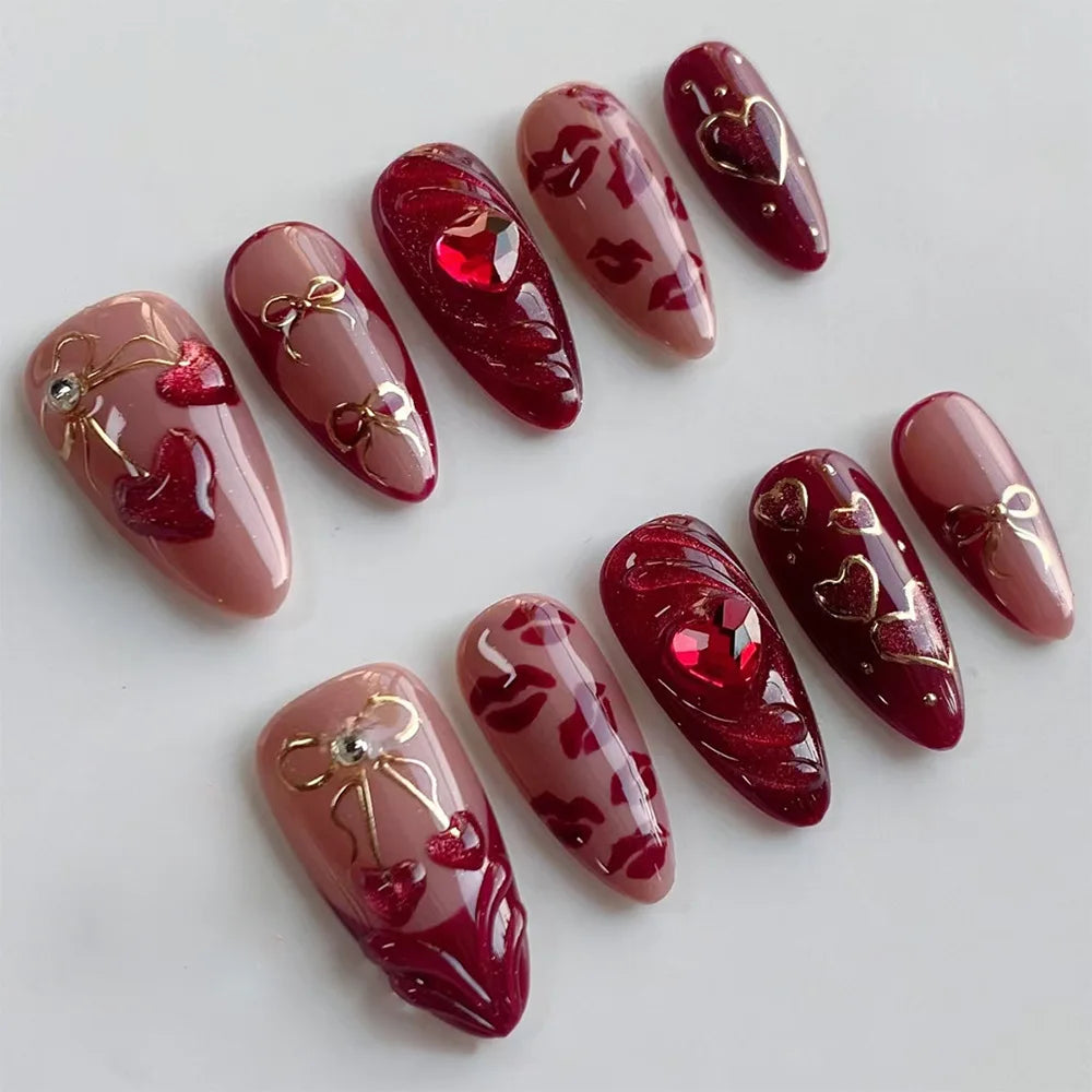 24PCS Strawberry Bow Press On Nails - Red Short Almond Pearl Starlight Floral False Nail Art Tips
