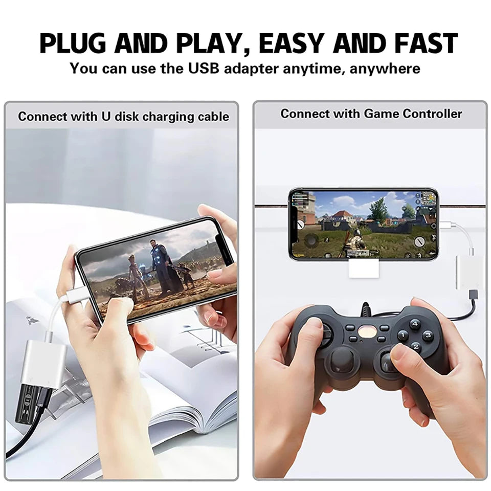 OTG Adapter Lightning to USB 3.0 – Fast Charge & Data Converter Cable for iPhone 14/13/12/11/X/XS/XR/8, USB-C Splitter Compatible