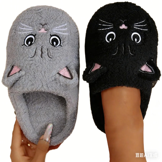 Women’s Cartoon Cat Plush Slippers - Cozy Winter Indoor House Shoes with Soft Non-Slip Warm Sole