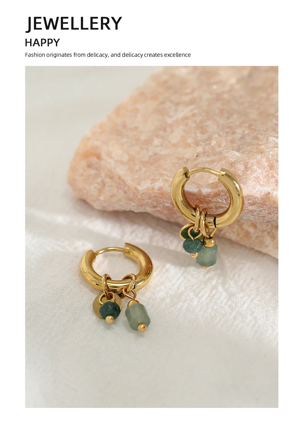 YACHAN 18K Gold-Plated Stainless Steel Hoop Earrings — Vintage Green Stone Charms, Trendy Waterproof Jewelry for Women
