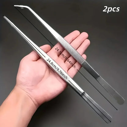 Professional Stainless Steel Kitchen Tweezers 2-Piece Set - Precision Cooking, Grilling & Seafood Clamps