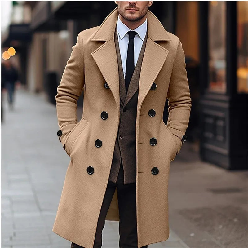 Men's Wool Blend Trench Coat - Double-Breasted Business Casual Winter Overcoat
