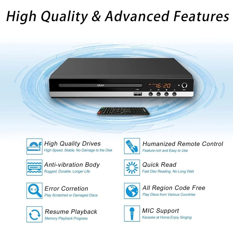 1080P HD DVD Player – All Region Free Home DVD Player with AV Output & Built-in MIC Port