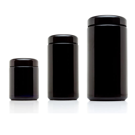 Airtight UV Glass Jar — Smell-Proof 1/2oz-1L Container with 2-Way 62% Humidity Pack to Keep Goods Fresh