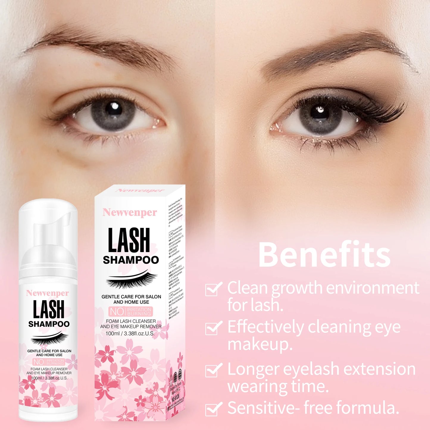 100ML Eyelash Lash Shampoo with Brush & Mascara Wand – Foaming Eyelid Cleanser for Extensions & Makeup Removal