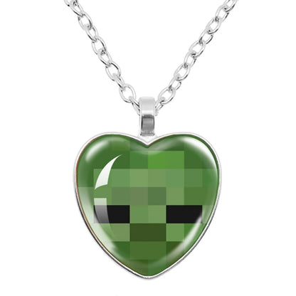 Funny Pixel Block Cartoon Pendant Necklace – 25mm Glass Heart-Shaped Charm, My World Theme Jewelry Gift