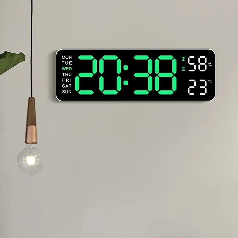 9-Inch Digital Wall Clock — USB Powered LED Table Clock with Temperature, Humidity, Week Display, Auto Dimmer, DST, 12/24H & Alarm
