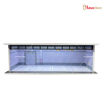 1:64 Scale Garage Scene Model with Lights – Assembled Parking Lot Diorama for Miniature Car Display