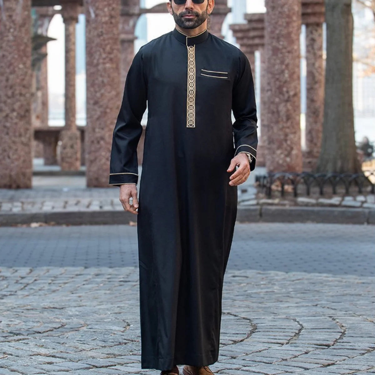 Men’s Embroidered Arabian Thobe - Traditional Islamic Long Sleeve Robe with Stand Collar