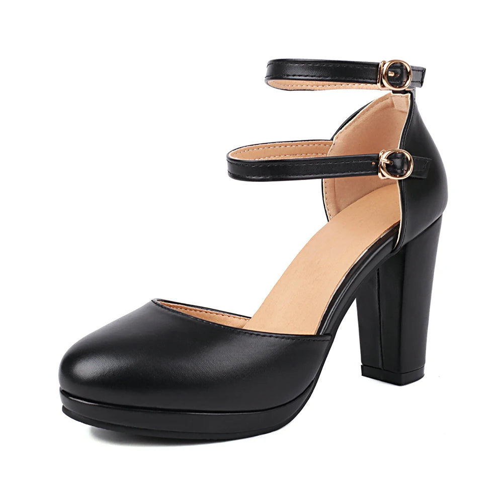 Women’s Brown Fashion Pumps – Round Toe High Heels with Rubber Sole & Black Platform, Leather Shoes for Spring & Autumn