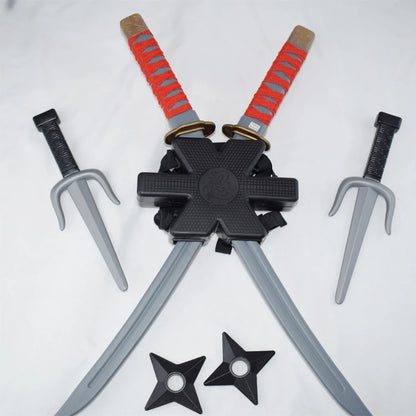 New 56cm Halloween Samurai Ninja Knife Set – 7-Piece Retro Plastic Daggers, Deadpool Cosplay Double Sword Props for Costumes and Toys